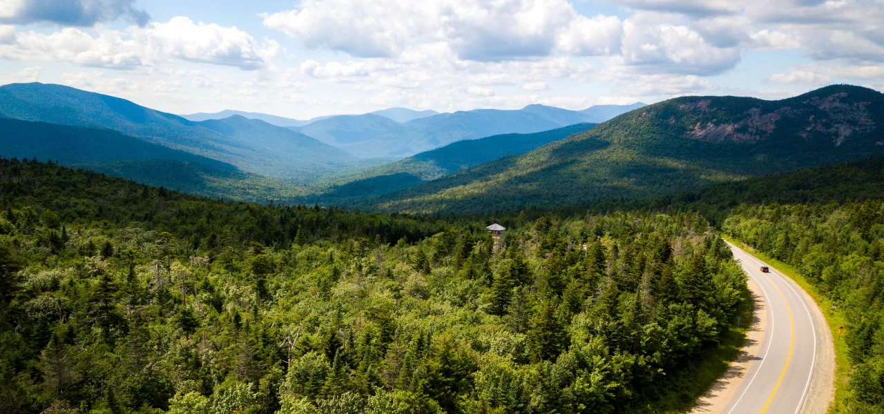 The lush forests of New Hampshire and a country road winding through it