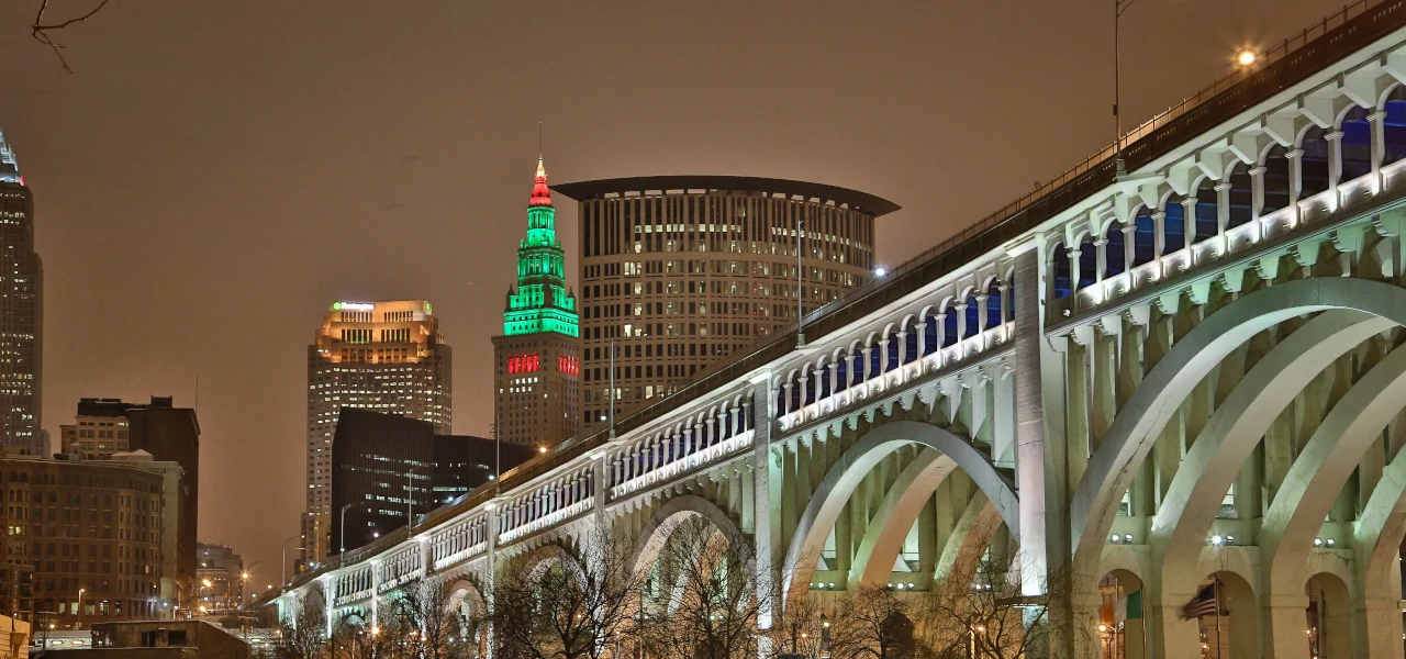 The skyline of Cleveland, Ohio, during the night