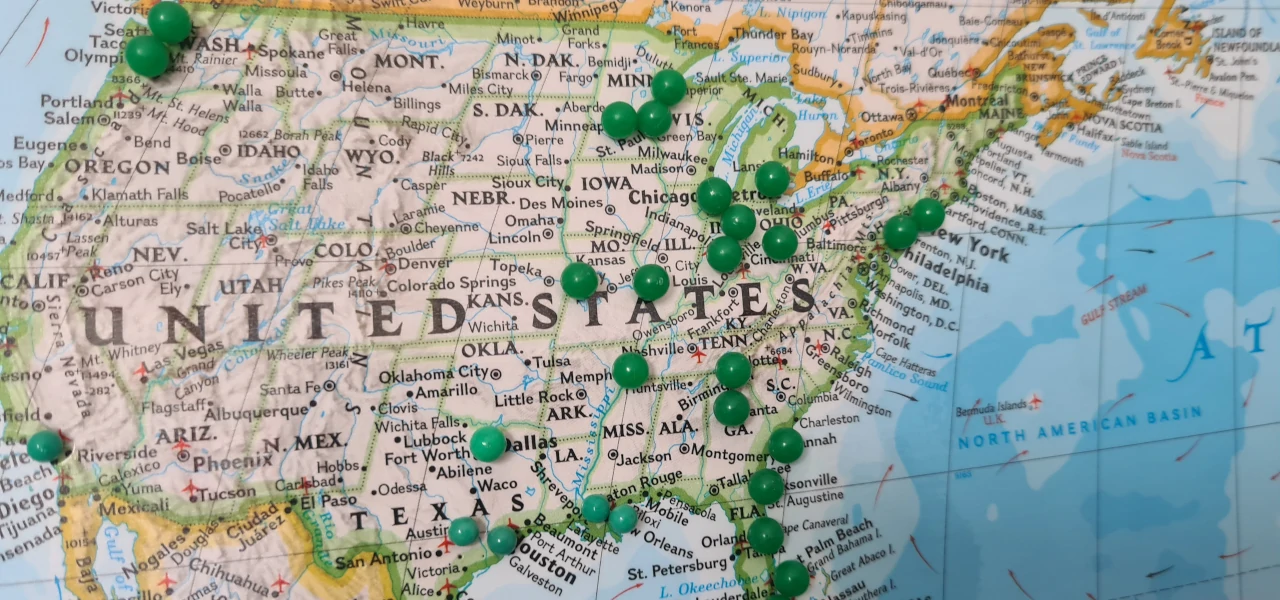 A map of the United States with various pins indicating interesting locations