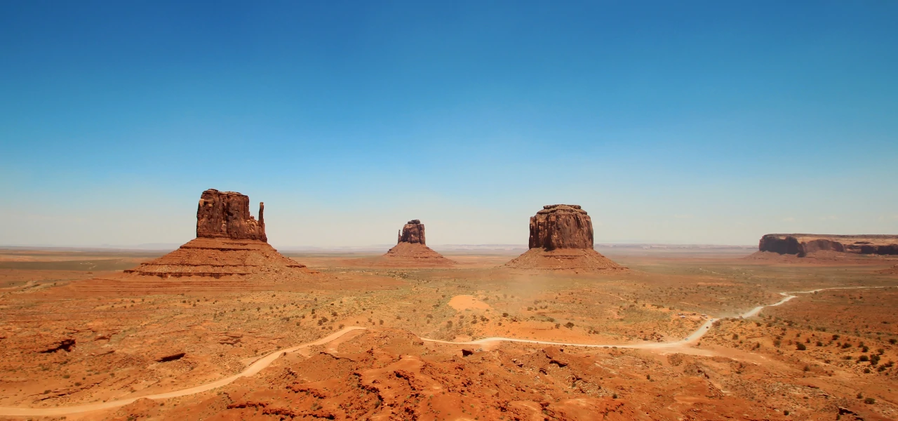 A wide shot of Monument Valley in Utah