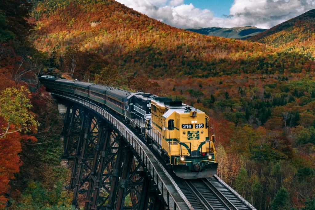 A train rides through a nature scene in New Hampshire