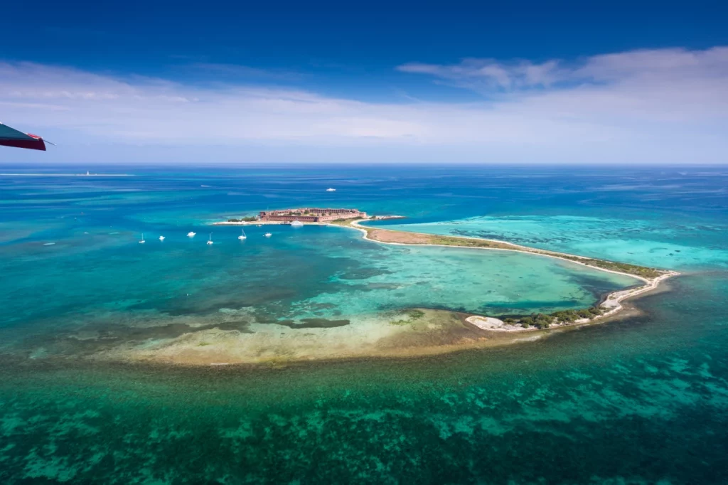 A bird's eye view from a seaplane of the Dry Tortugas National Park